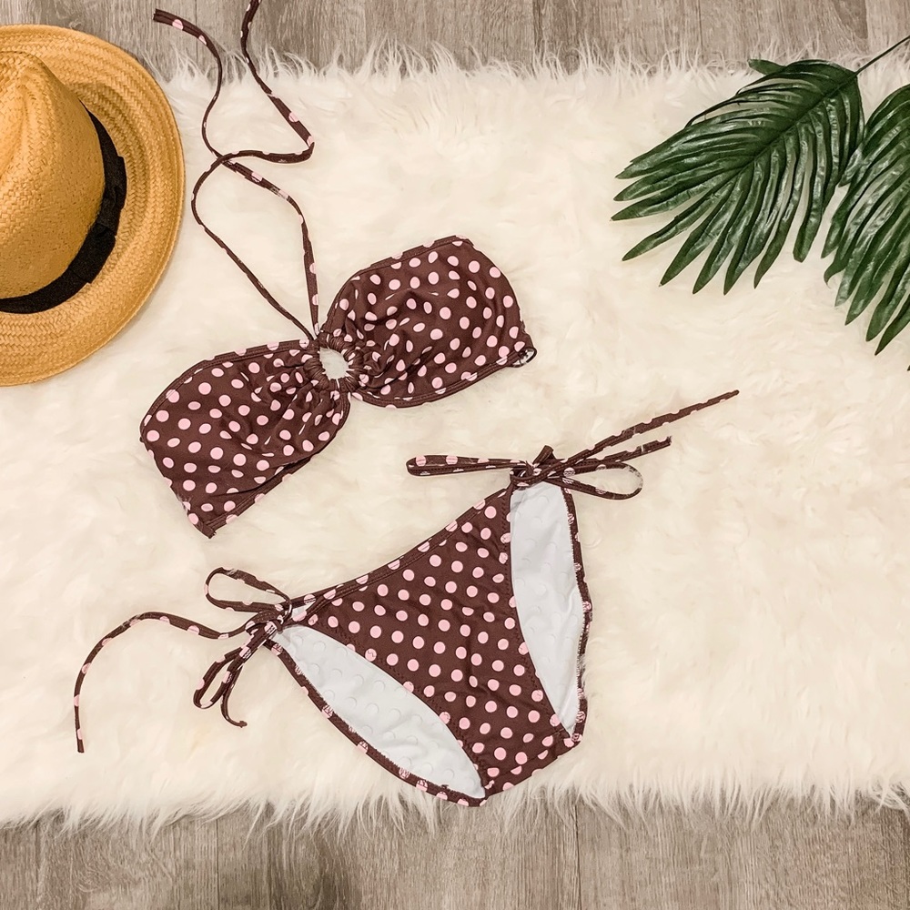 Pink and brown polka dot bikini